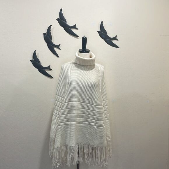 Banana Republic Womens Merino Wool Turtleneck Fringe Poncho Sweater Cream - M/L - Picture 6 of 14